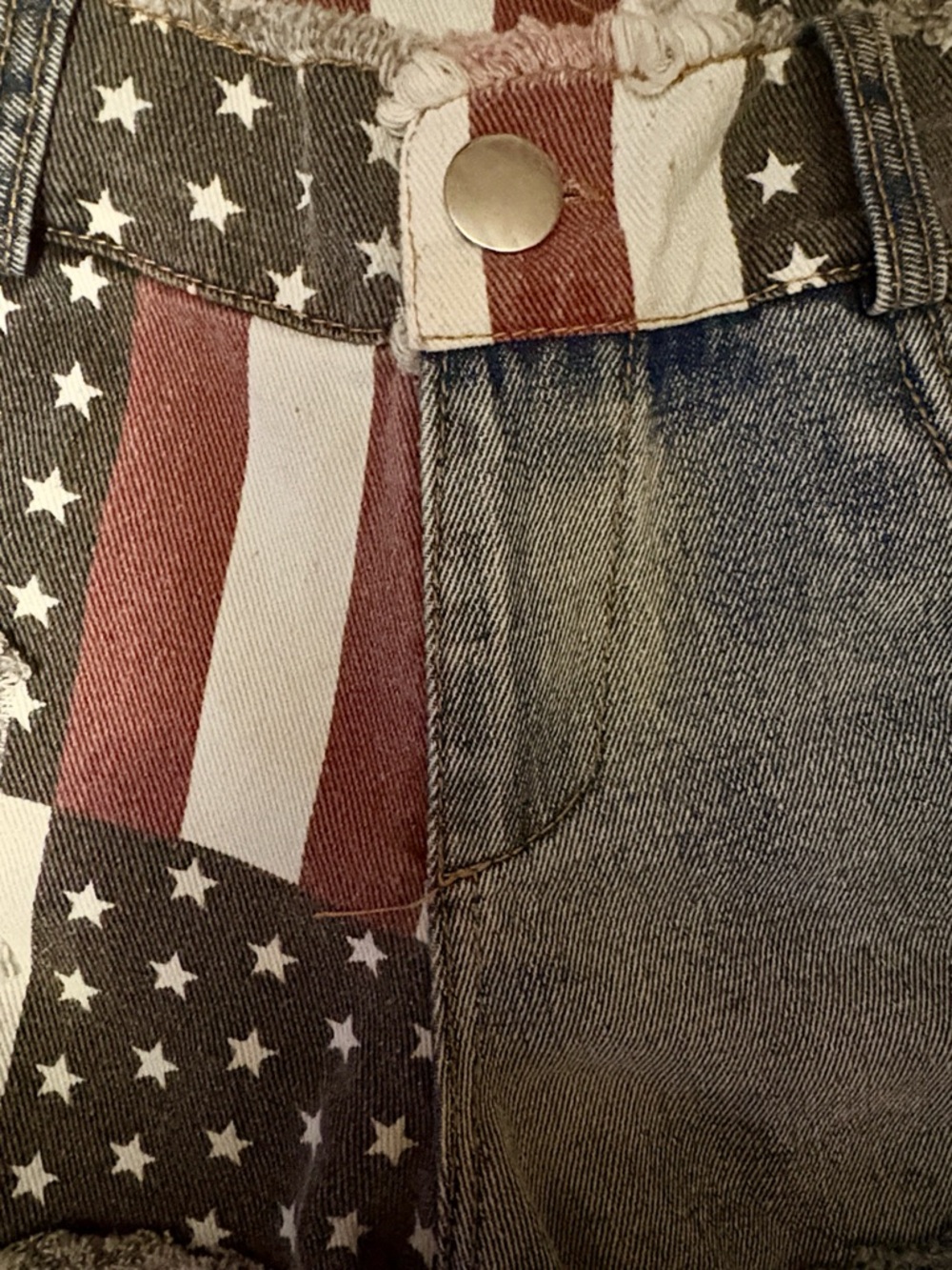 American Flag Patchwork Distressed Denim Shorts w/ LOVE Straps High Rise - Picture 4 of 5